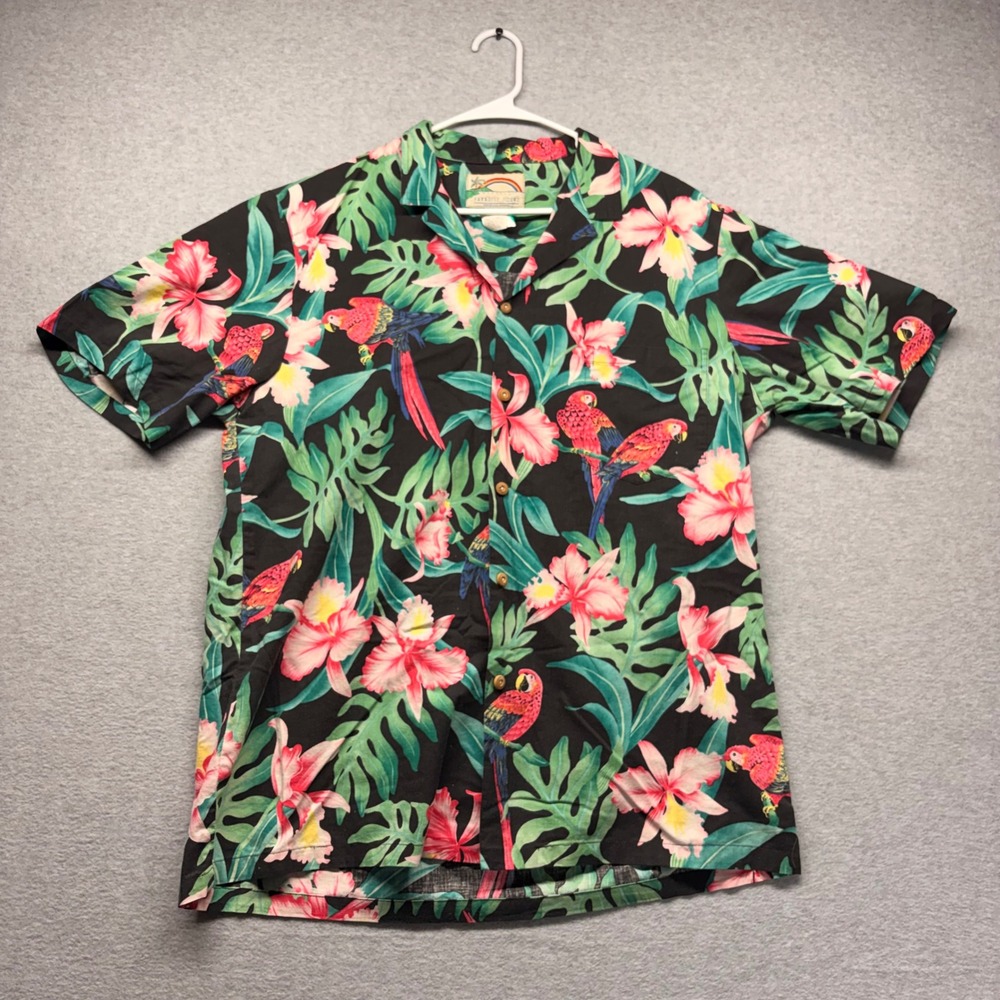 Paradise Found Hawaiian‎ Shirt Mens XL Black Parrot Floral Cotton Made in Hawaii